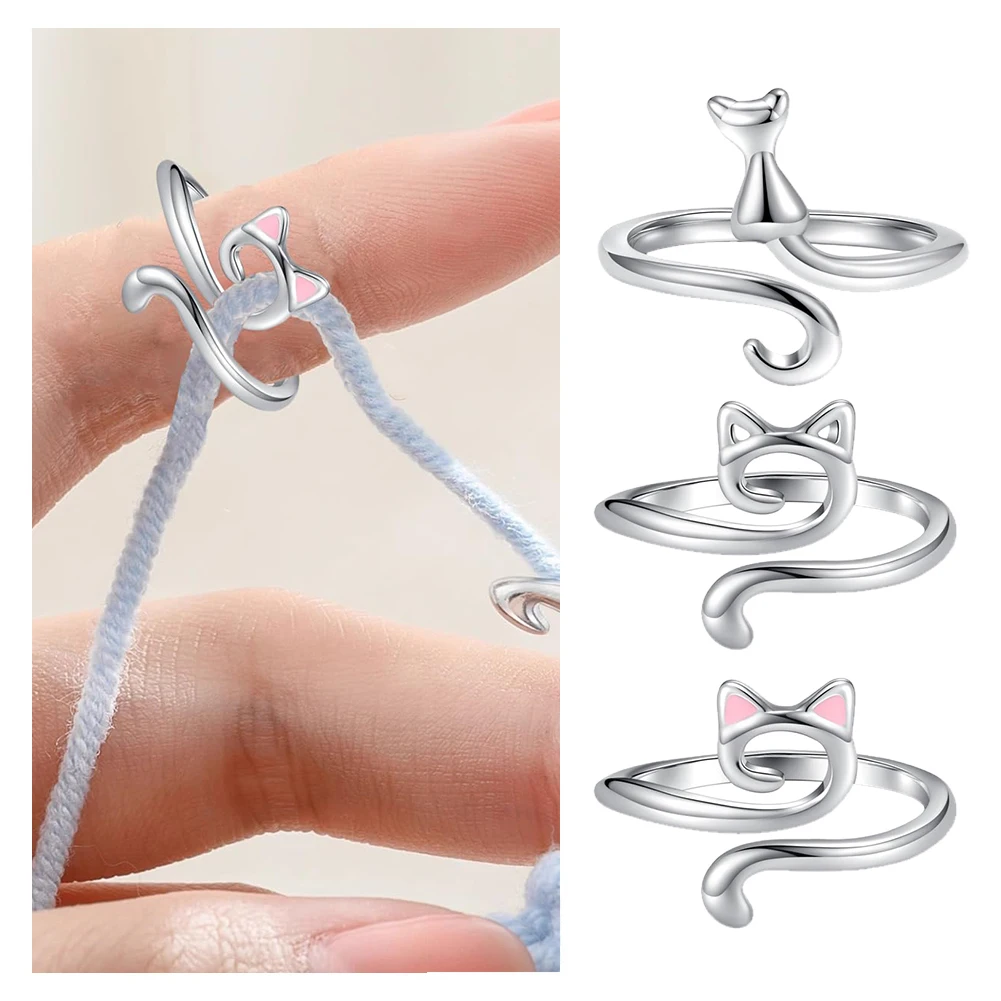 

3Pcs Cat Shaped Crochet Finger Ring Multifunction Knitting Tension Rings Crochet Tension Regulator Tool for Mother Grandma Gifts