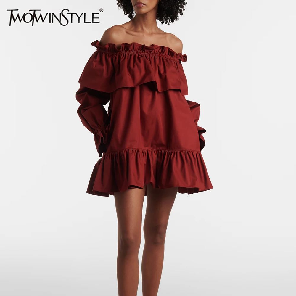 

TWOTWINSTYLE однотонные свободные темпераментные платья для женщин с разрезом на шее и длинными рукавами, лоскутное мини-платье с оборками, женская одежда, новинка