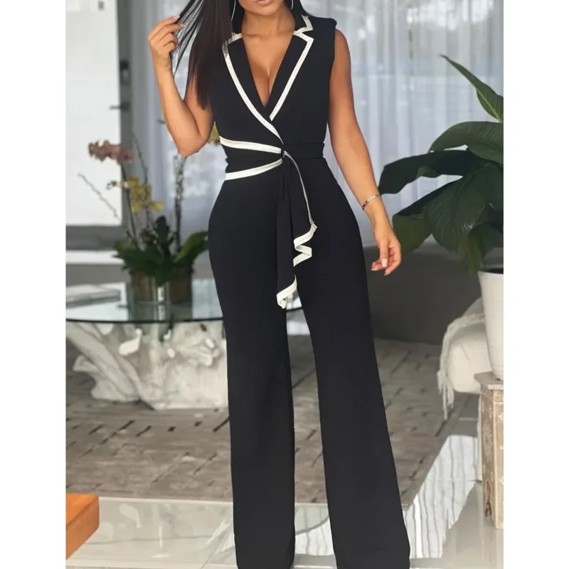 

Summer Commuter Style Women Jumpsuit Striped Splicing Notched Collar Wide Leg Jumpsuits 2025 Solid One Piece Suit OL Romper