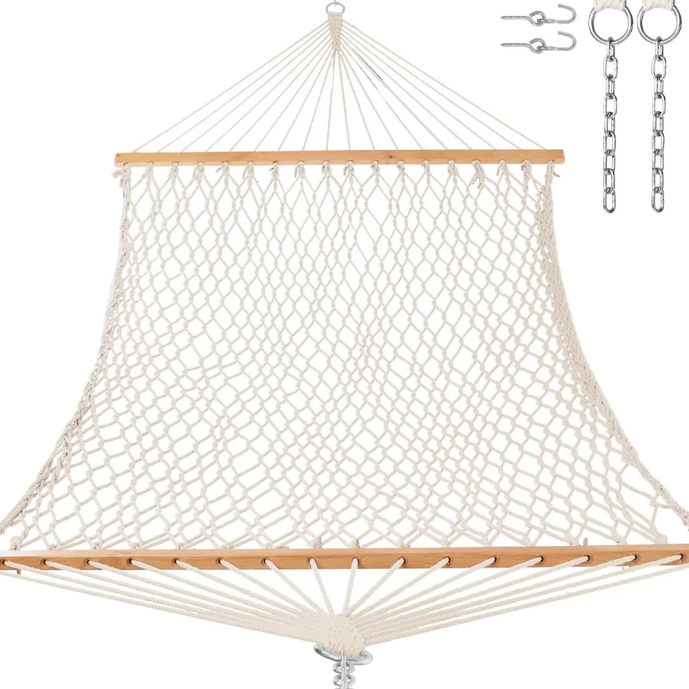 12ft Double Hammocks, Handwoven Traditional Cotton Rope Hammock with Hardwood Spreader Bar, Chains and Hooks for Indoor Outdoor,