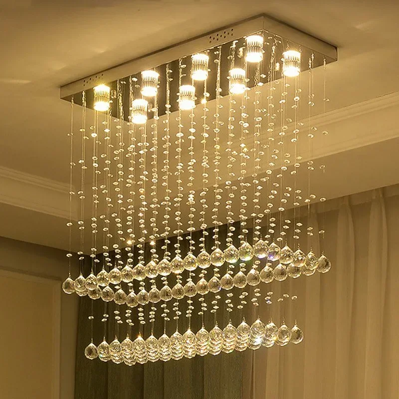 Modern Rectangular Raindrop Crystal Chandelier Flush Mount Ceiling Light Pendant Fixture for Dining Rooms Kitchen Decor