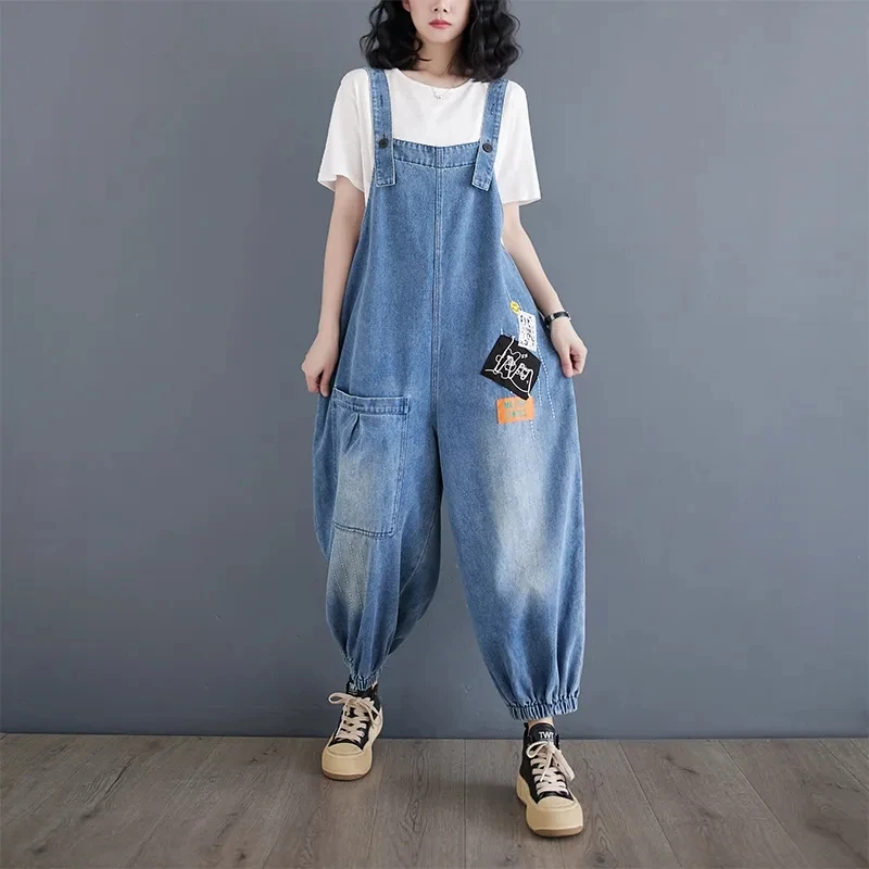 

Women's 2024 New Summer Loose Casual Fashion Streetwear Denim Jumpsuit Versatile Embroidered Literary Washed Vintage Overalls