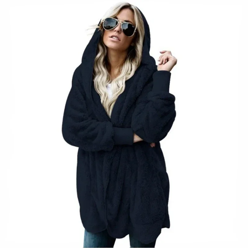 Winter Double Fleece Cardigan Jacket Autumn Women Solid Color Long Sleeve Plush Warm Hooded Lady Jacket Oversized Outerwear Coat