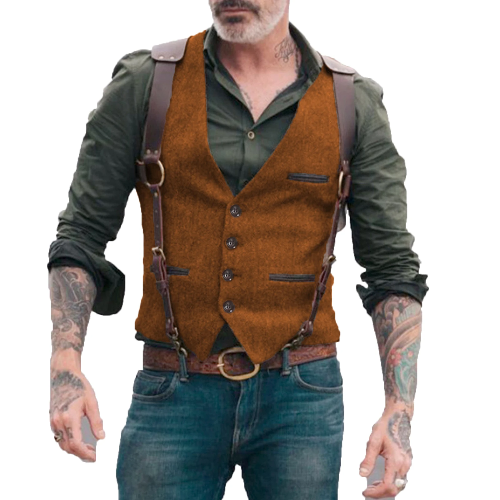 Herringbone Herrenwesten Herren Braune Weste Weste Mann Steampunk Jacke Gestreifter Tweed V-Ausschnitt Slim Fit Gilet Hochzeitskleidung