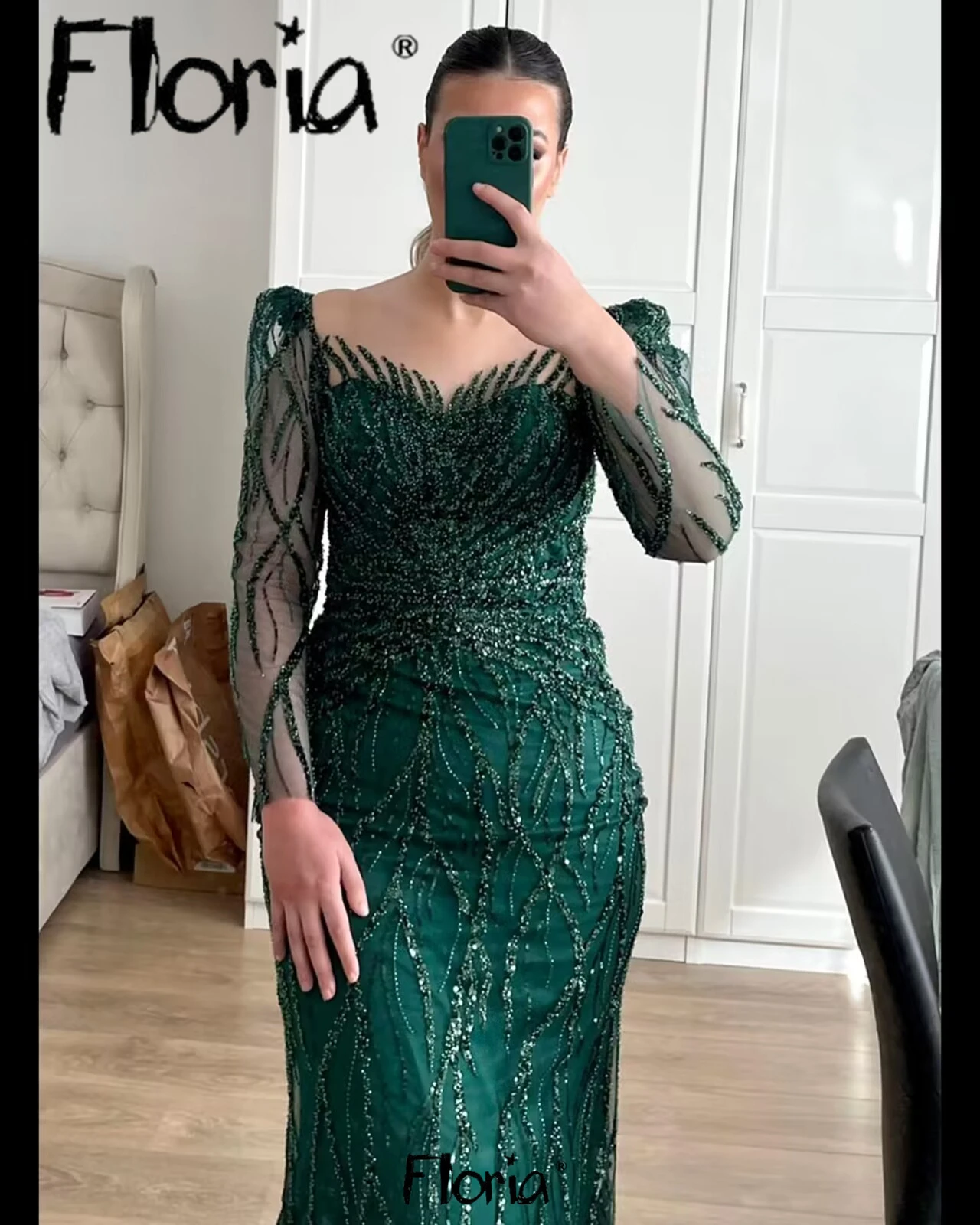 Floria Ladies Wedding Guest Party Dress for Women 2024 Elegant Beaded Sequins Prom Gowns Dark Green Formal Occasion Dresses