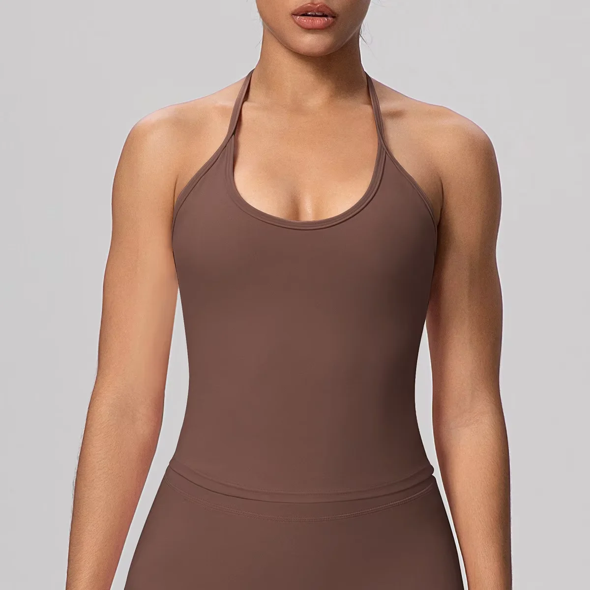 Women's Solid Color Compression Tank Top Asymmetrical Neckline Tie Detail Padded Bra-Quick Dry Skinny Fit Sports Top for Yoga