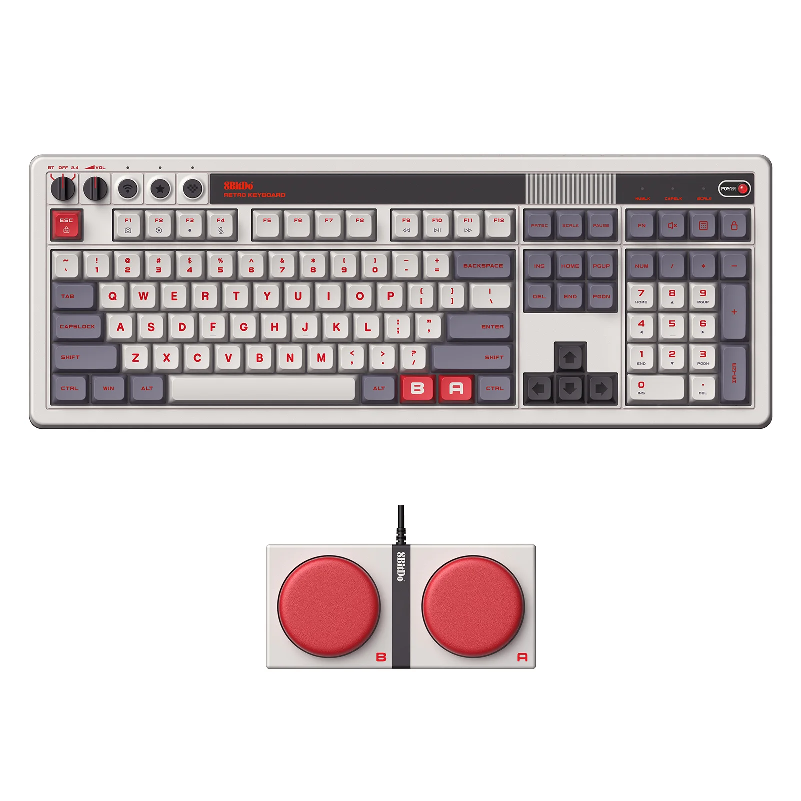 8BitDo Retro 108-mechanisch toetsenbord Geïntegreerd numpad, Bluetooth / 2.4G / USB-C Hot-swappable draadloos gamingtoetsenbord voor Windows