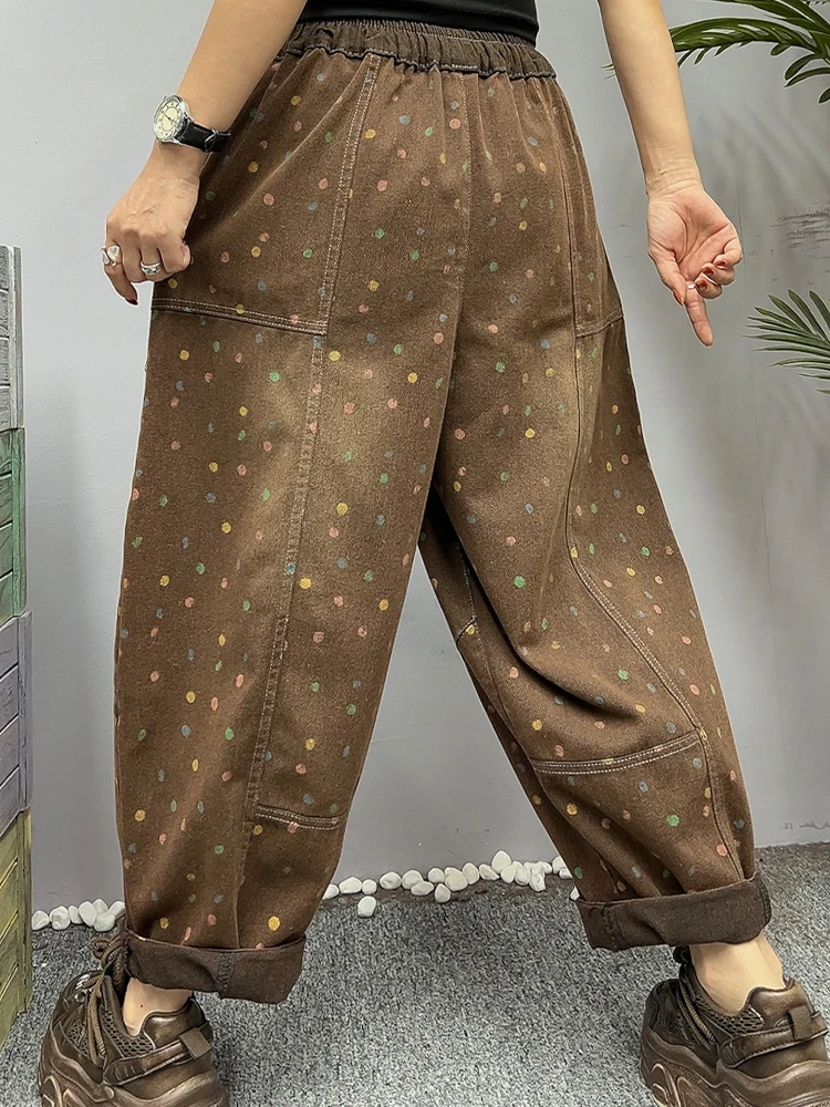 Amax LuluE Autumn Fashion Jeans Womens Loose Printed Dot Denim Pants Ladies Casual Vintage Classic Elastic Waist Harem Trousers
