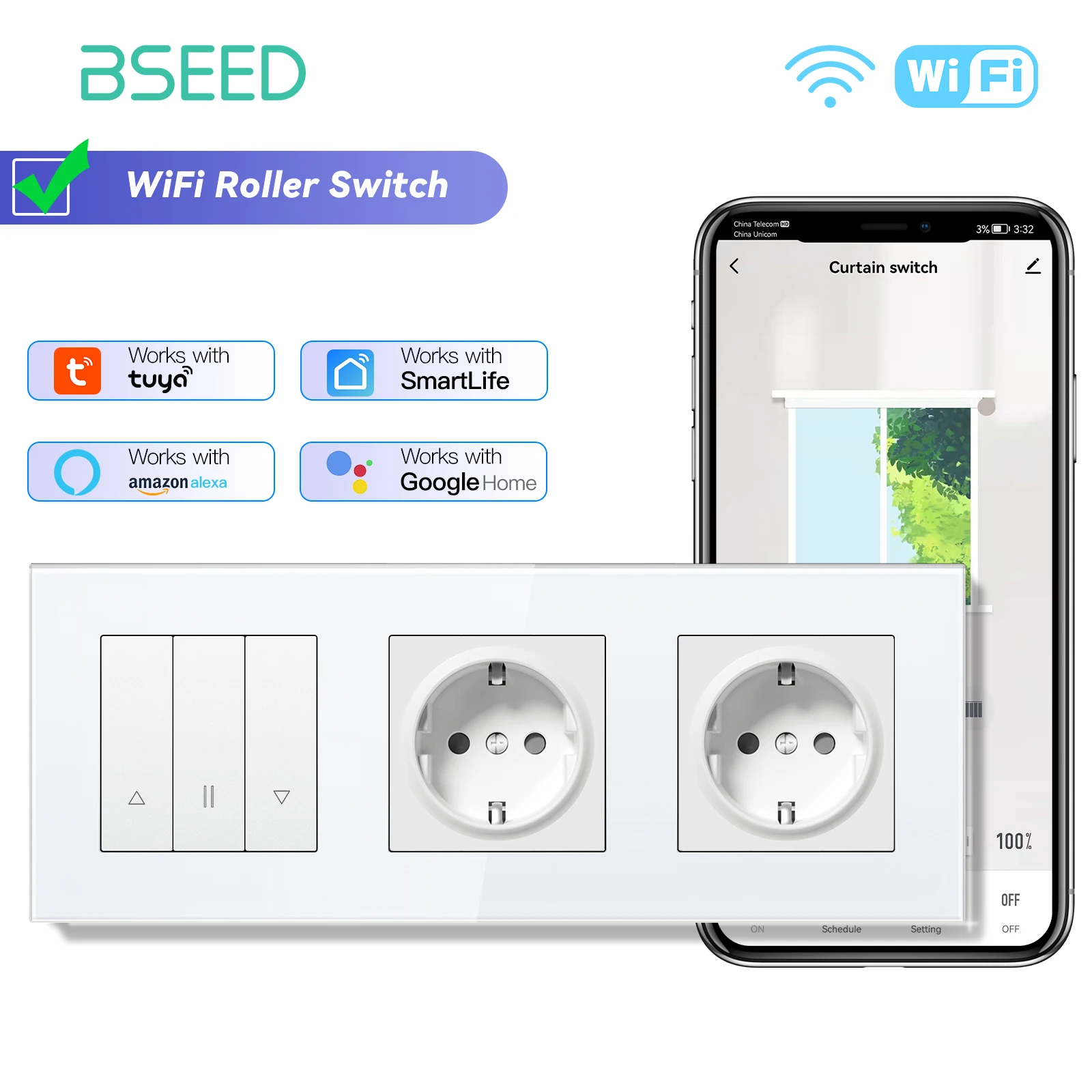 BSEED Wifi Smart Blind Shutter Schalter Mechanische Tasten App Steuerung Plus Licht Normale EU Buchse USB Typ-c Schnelle aufladen 6