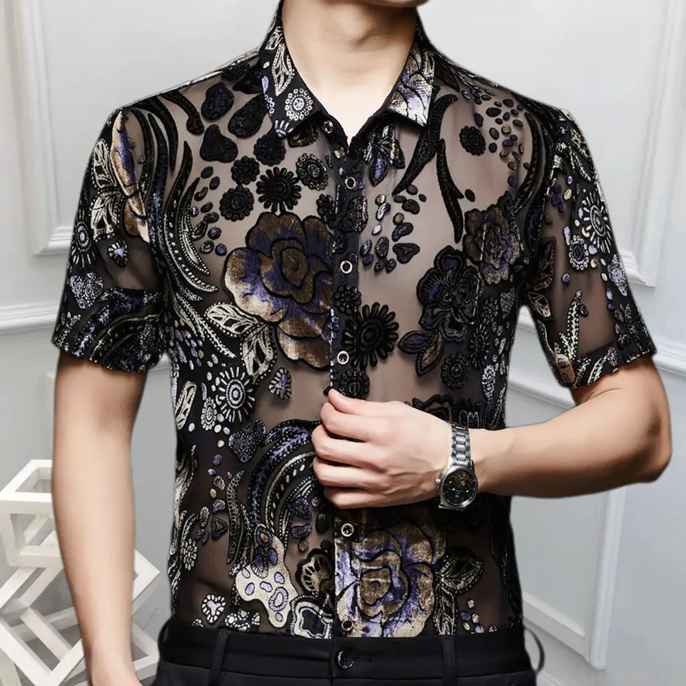Floral Jacquard Shirt Short Sleeve Summer Sexy Prom Transparent Shirt Camisa Masculina Chemise Homme Flower See Through Shirt