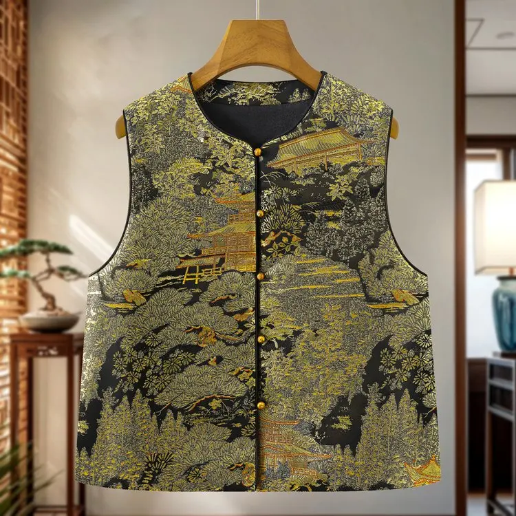 

Элегантный атласный жилет в китайском стиле для женщин среднего и старшего возраста: Новинка весенней коллекции 2026 года для гардероба мамы, верхняя одежда