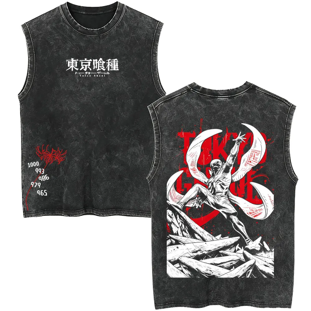 Anime Tokyo Ghoul Kaneki Ken Spider Lily Vintage Washed Tank Tops Men Women Manga Oversized Sleeveless Vest T-shirt Streetwear