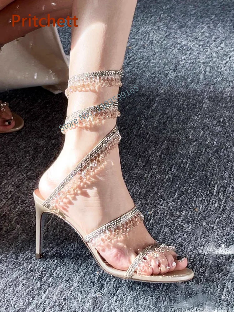 

Round Toe Crystal Snake Strap Pumps High Heels Straight Strap Luxury Bling Shoes Summer Elegant Runway Stiletto Shoes New