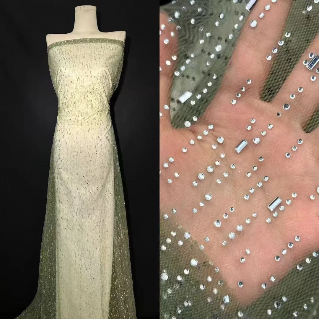 

High-End Crystal Bead Embroidery Fabric for Stage Dres Wedding Gowns Evening Gowns Netting Material with Heat-Set Rhinestones