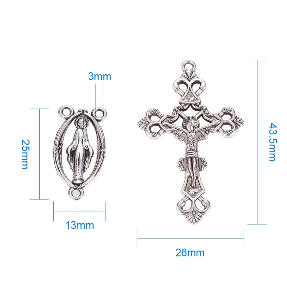 10 Set Alloy Antique Silver Color Necklace Crucifix Pendant Jesus Cross Charm and Rosary Center Sets for Jewelry Making DIY