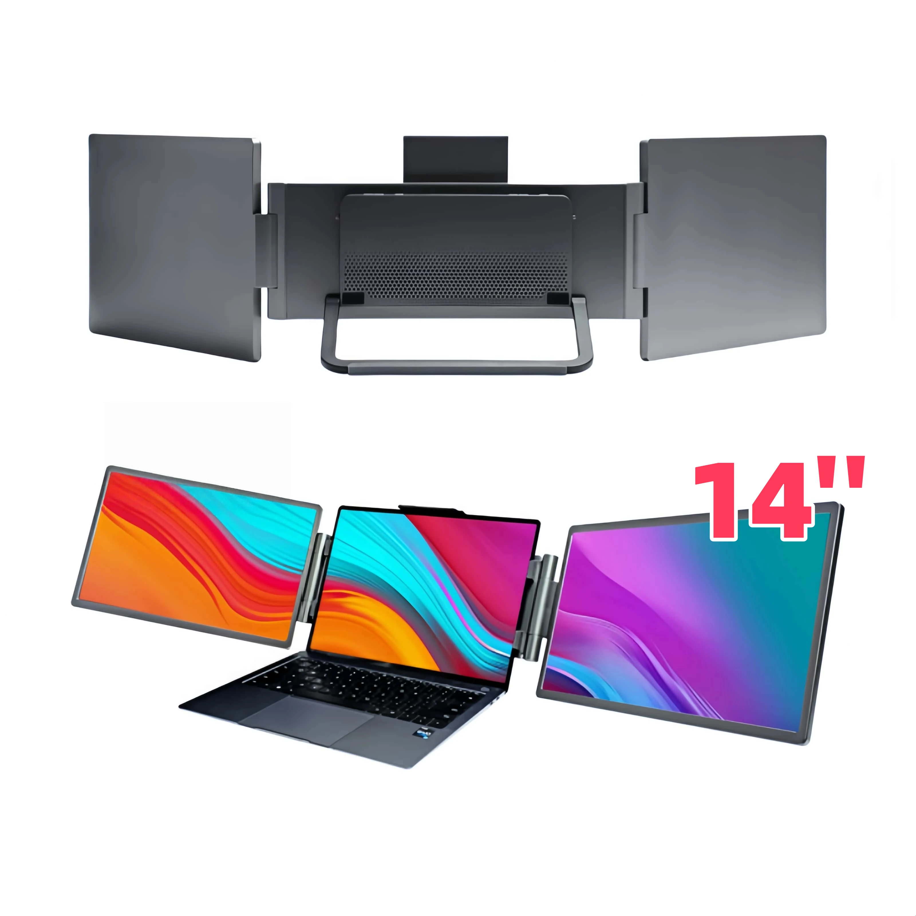 14 Inch Triple Portable Monitor FHD 1080P, Laptop Screen Extender for Mac/PC/PS5, 3 Display Setup, USB-C HDMI, Ultra-Thin Black