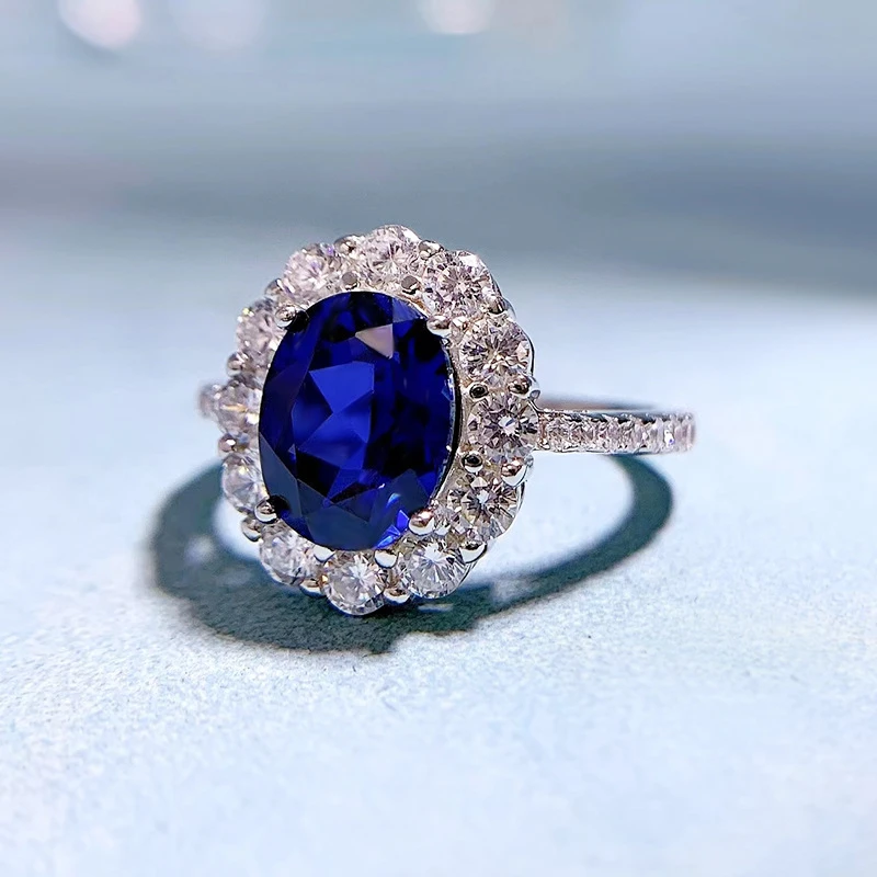 Oval Sapphire Rings for Women Trendy Silver 925 Fine Jewelry with Gemstones Flower Shaped Female Engagement Ring Gifts