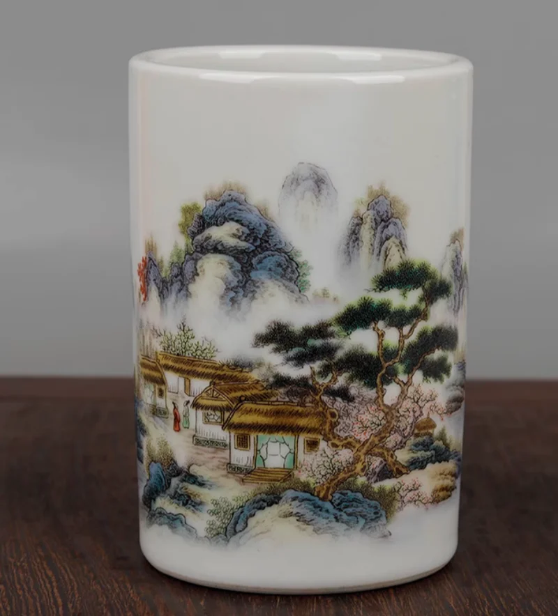 Chinese Colour Porcelain Mountains Rivers Landscape Brush Pot Pencil Vase