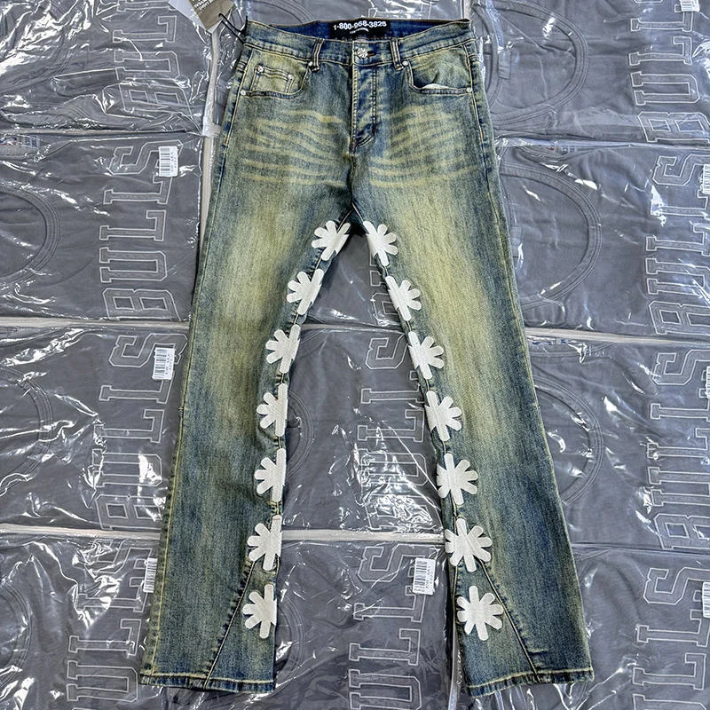 

Ретро High Street с вышитым логотипом, тяжелые джинсовые тонкие прямые повседневные длинные брюки для мужчин и женщин