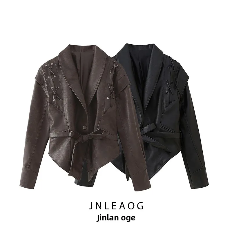 JNLEAOG Faionable Retro Leather Jaet Donna Autunno Nuovo Sle Versatile Sli Design Sense Capispalla Lungo Bottone Sve...