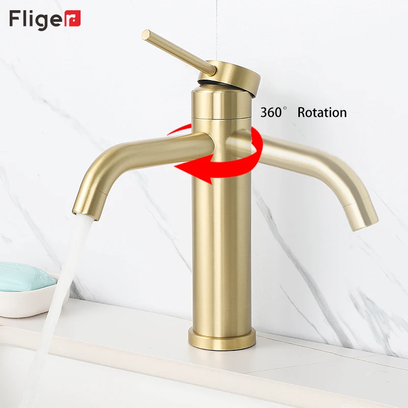 

Fliger Brushed Gold Basin Faucet Bathroom Sink Faucet 360 Degree Rotate Water Faucet Hot Cold Water Mixer Tap Grifos De Baño