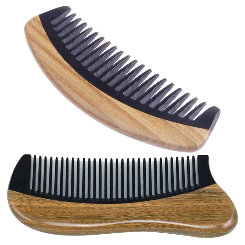 Natural Verde Sândalo Cabelo Pente, Não Estático De Madeira, Dente Fino, Chifre De Búfalo Preto, 12cm x 5cm, 150mm x 50mm x 8mm, 2 Pcs