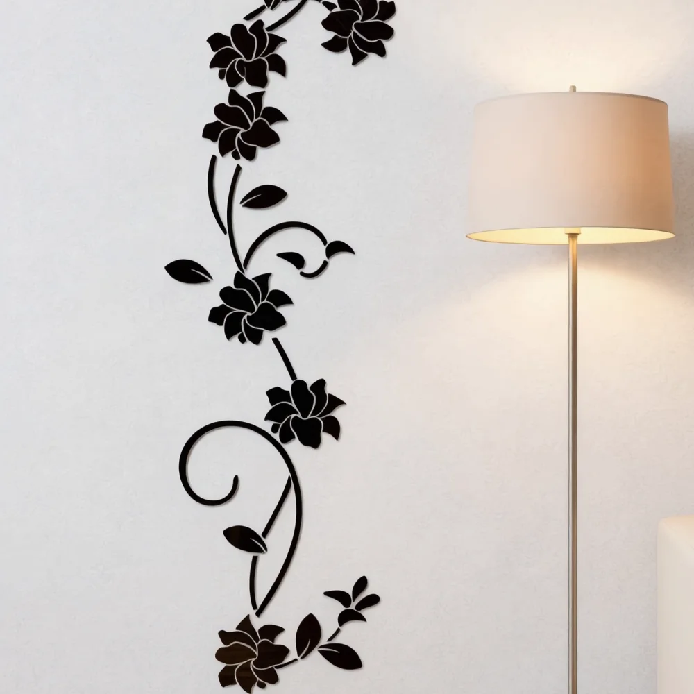 Black 3D Mirror Acrylic Flower Vine Wall Sticker, DIY Mirror Rose Vine Wall Decal, Modern Stereoscopic Floral Wall Art for Living Room Entryway Home Decor, Size 30cm*100cm