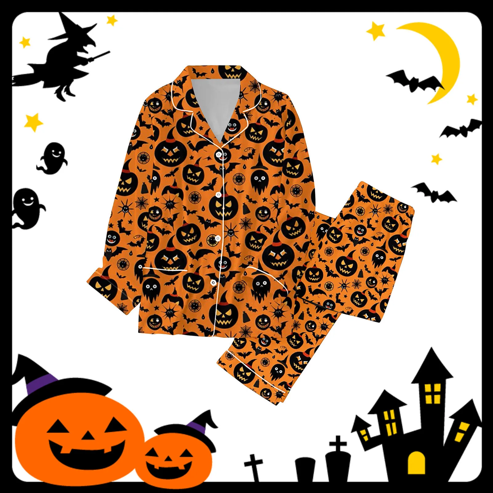 Women Halloween print Pajama For Family Pajamas Matching Set Holiday Pajamas Women\'s Classic Button Down Long pocket Pajamas