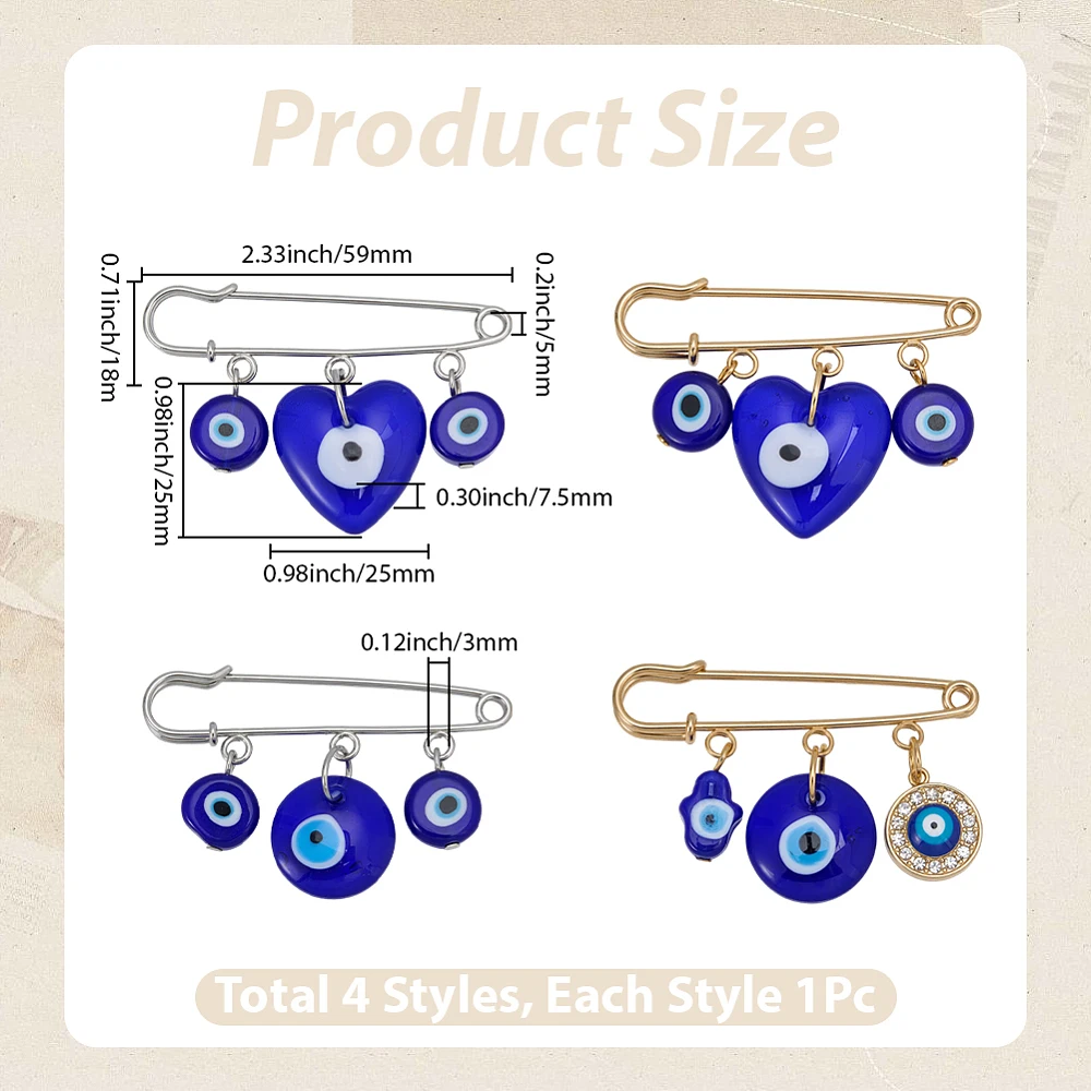 4Pcs Clothing Pin Decorative Safety Pins Brooch Gold Silver Stainless Steel Lampwork Blue Devil Eyes Good Luck Shawl Brooches