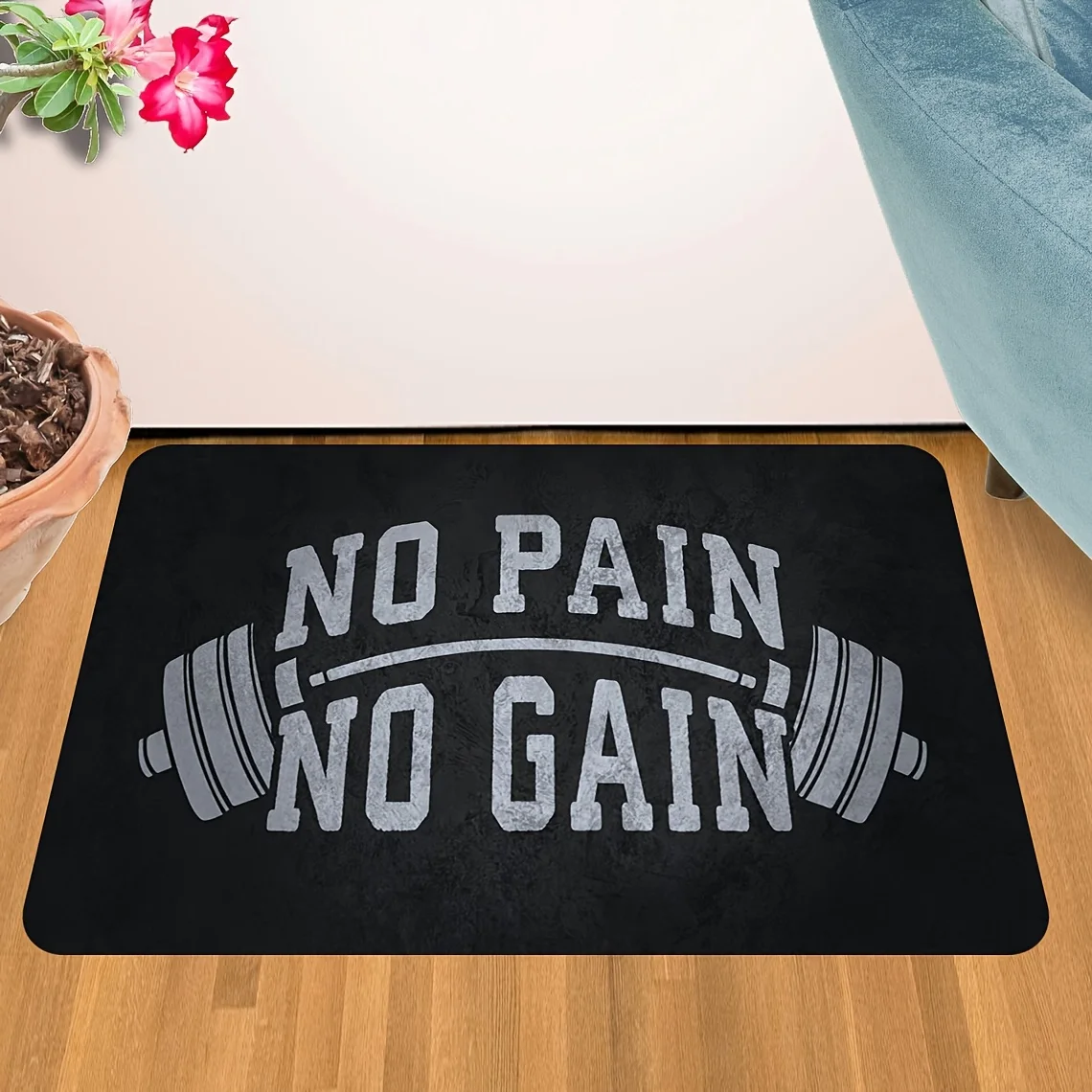 No Pain No Gain Gym Door Mat, Black Barbell Weightlifting Print Floor Rug, Motivational Fitness Entrance Carpet for Home Garage