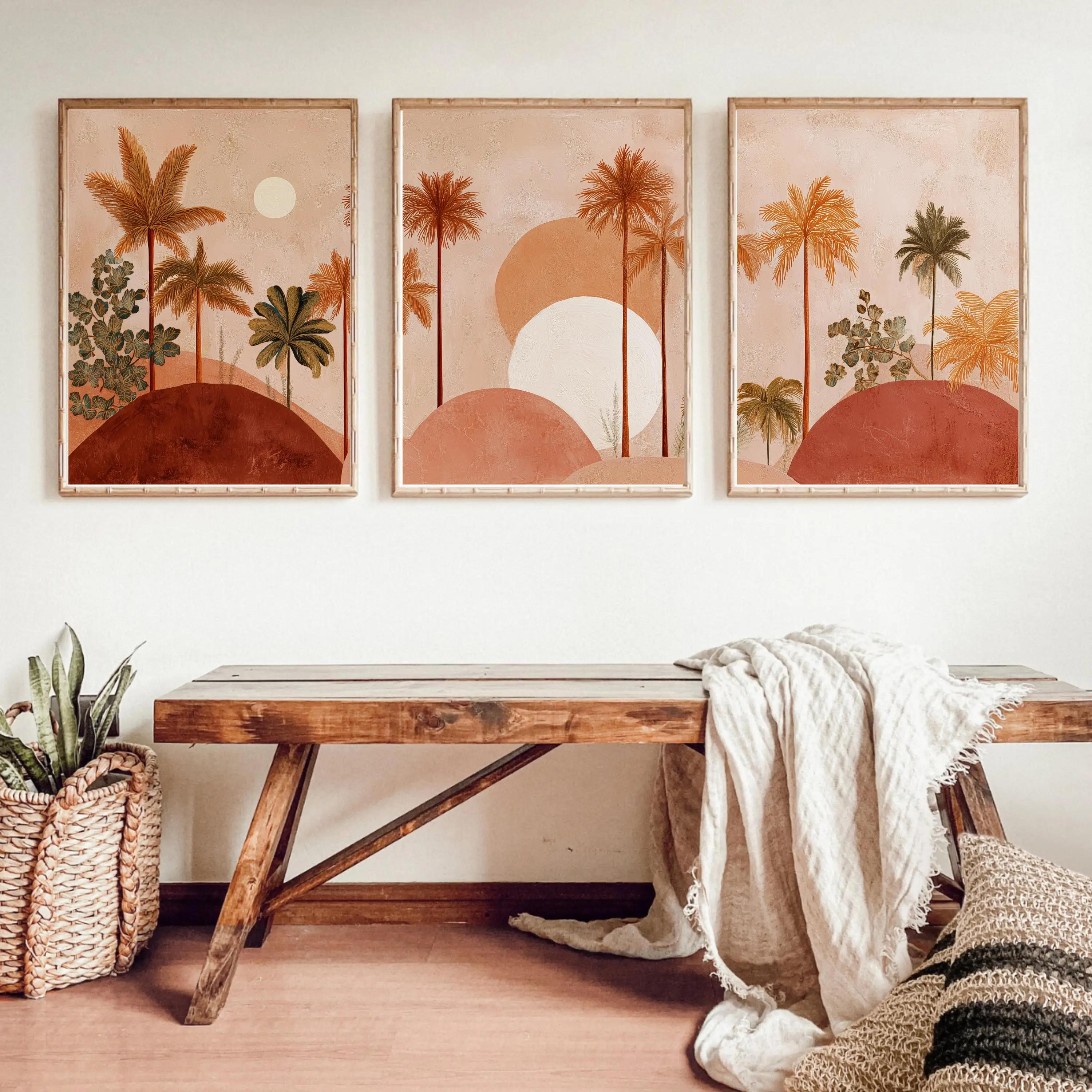 Boho Terracotta Palm Tree Wall Art Set, Abstract Tropical Desert Sunset Canvas Prints, Warm Earthy Home Decor & Perfect Gifts