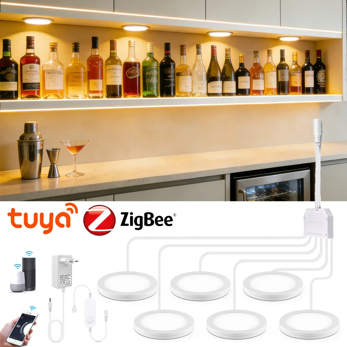 

Комплект умного светодиодного освещения Tuya Zigbee для установки под шкафы, с голосовым управлением, диммируемые светильники-шайбы для кухни, гардероба, потолка, декора