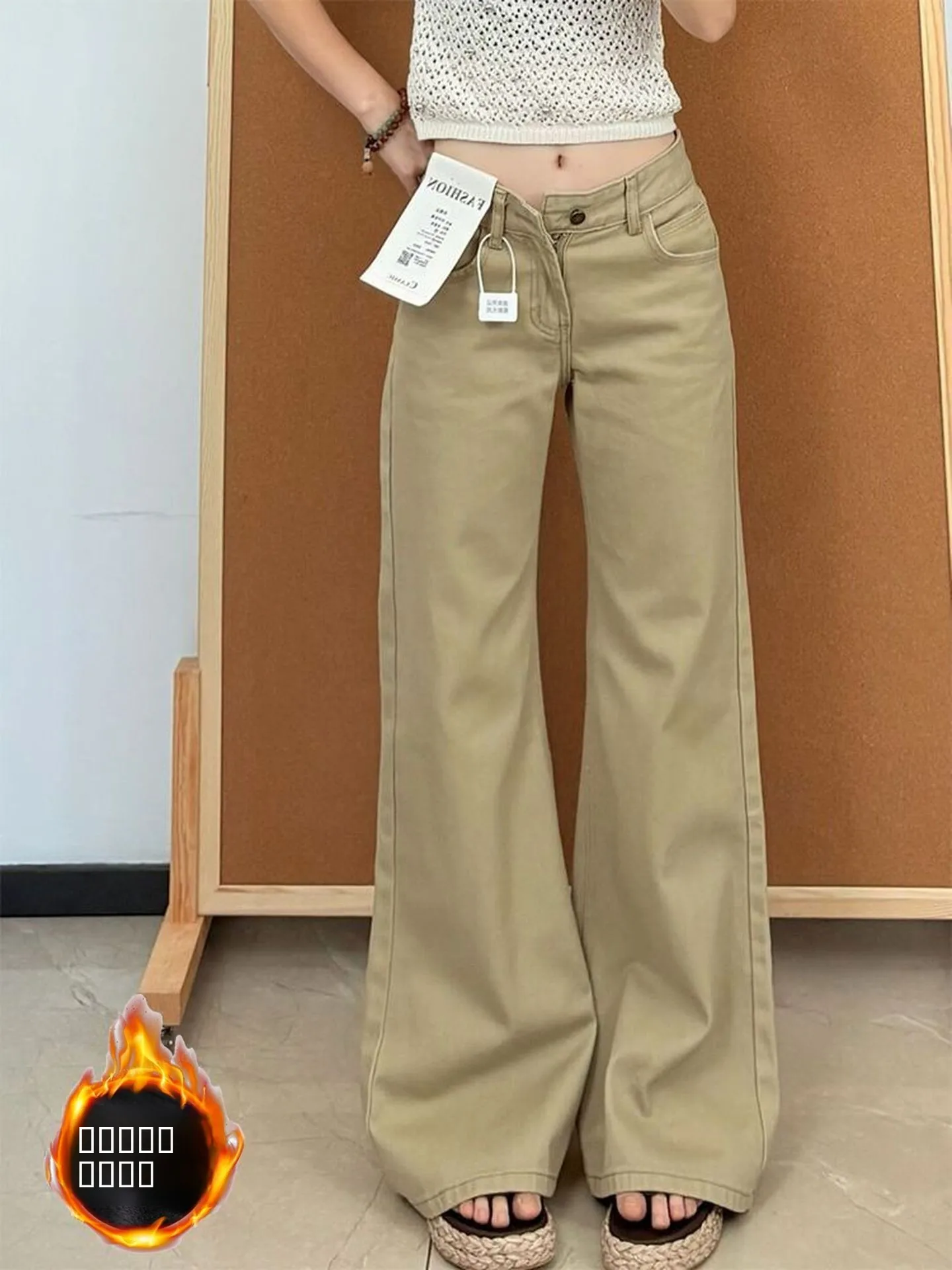 

Американские повседневные джинсы свободного кроя цвета хаки с флисовой подкладкой для женщин больших размеров, осенне-зимние, новые, узкие, с широкими штанинами