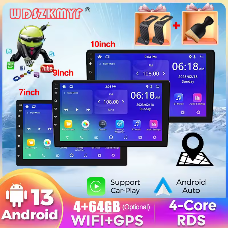 Android13 7 9 10 10 אינץ 'רדיו מכונית 2 מקלט סטריאו מקלט רדיו סטריאו 64 גרם נגן מולטימדיה אלחוטי נגן מולטימדיה נגן אוטומטי