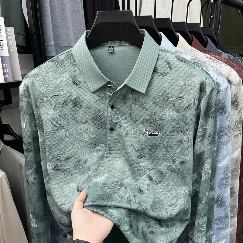 Herren-Polohemd mit abstraktem Blattmuster, langen Ärmeln, umgeschlagenem Kragen, atmungsaktivem, glattem Stoff, für den täglichen, lässigen Gebrauch. – Detail 8