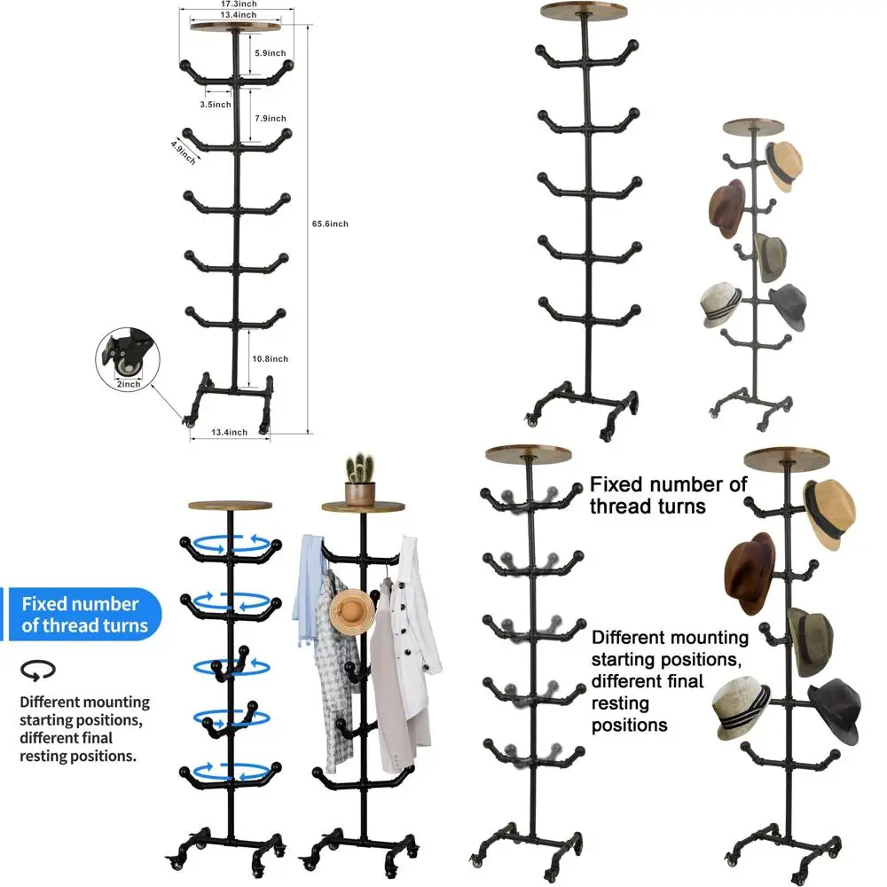 

Metal Hat Rack with 10 Hooks, Rolling Hat Organizer Tree for Bedroom or Entryway