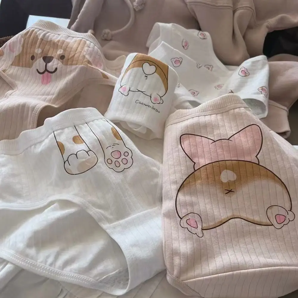 ملابس داخلية قطنية مرنة ناعمة رياضية لطيفة على شكل حيوان كورجي ملابس داخلية على الطراز الكوري ملابس داخلية نسائية سراويل داخلية مخططة