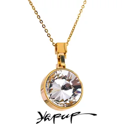 Yhpup Green White Shiny Big Glass Crystal Round Pendant Stainless Steel Fashion Necklace Trendy Sweater Chain Jewelry Women Gift