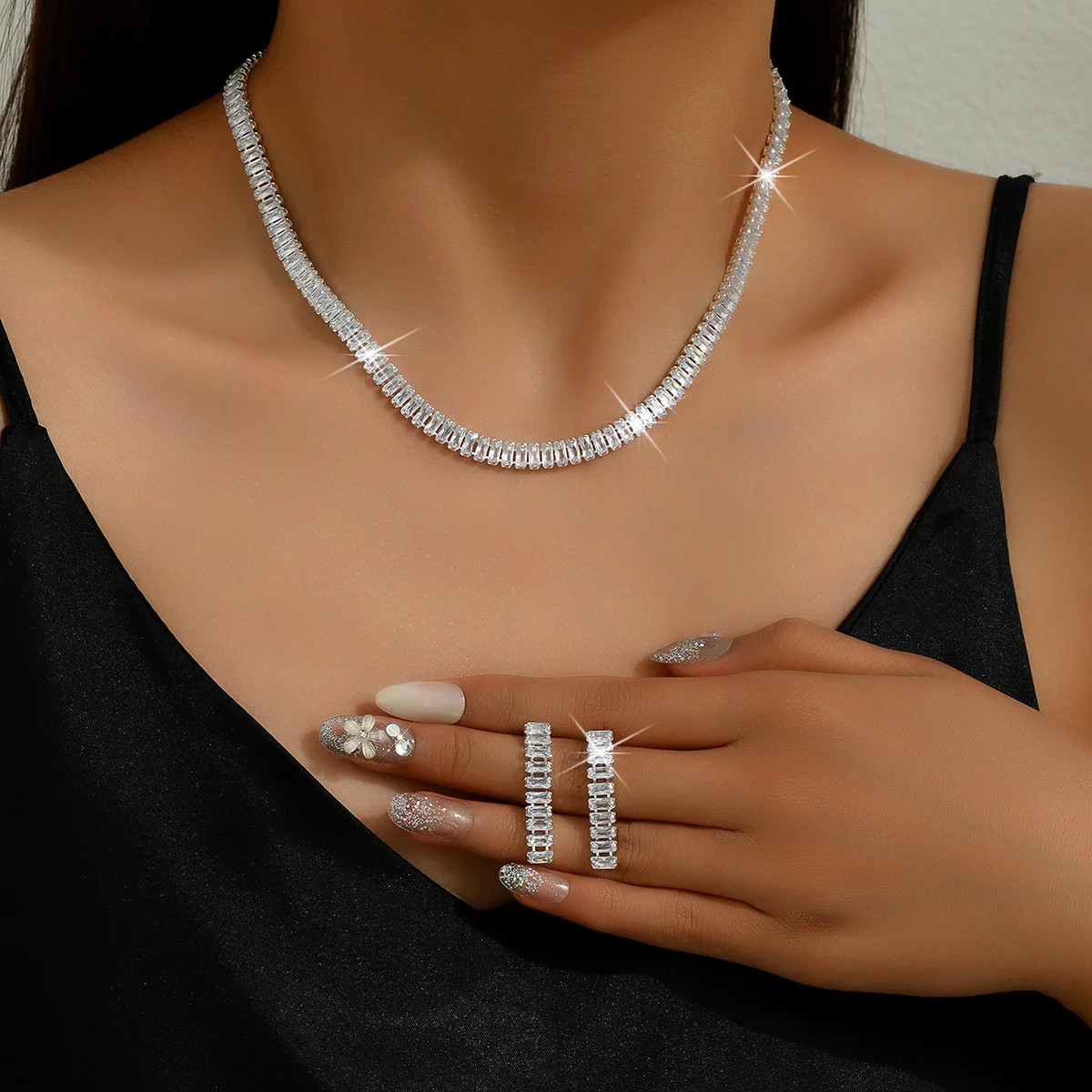

Luxury Baguette Cut Crystal Tennis Necklace Jewelry Set for Women, Sparkling Necklace Earrings, Party Prom Gift