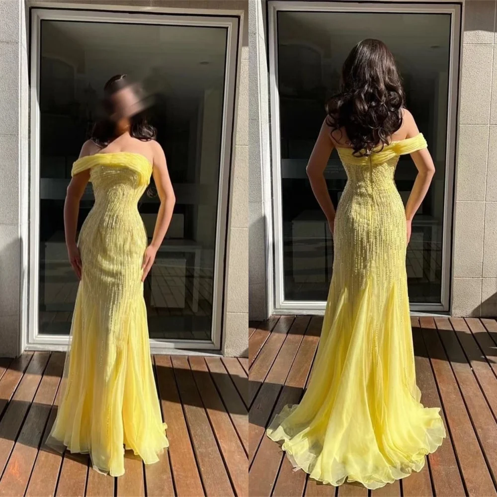 

Индивидуальное темпераментное желтое вечернее платье из органзы, очаровательное платье без бретелек с открытыми плечами, без рукавов, на молнии сзади, платье для выпускного вечера