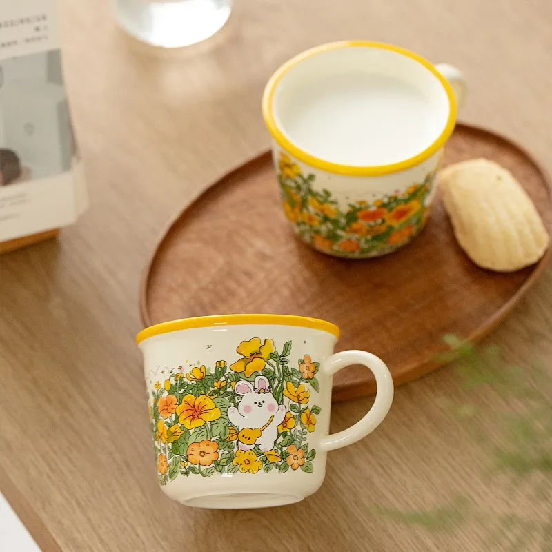 Caneca de porcelana com flor e coelho, xícara de cerâmica, pastoral europeia, sobremesa do café da manhã, leite, escritório, presente de aniversário, casa, 340ml