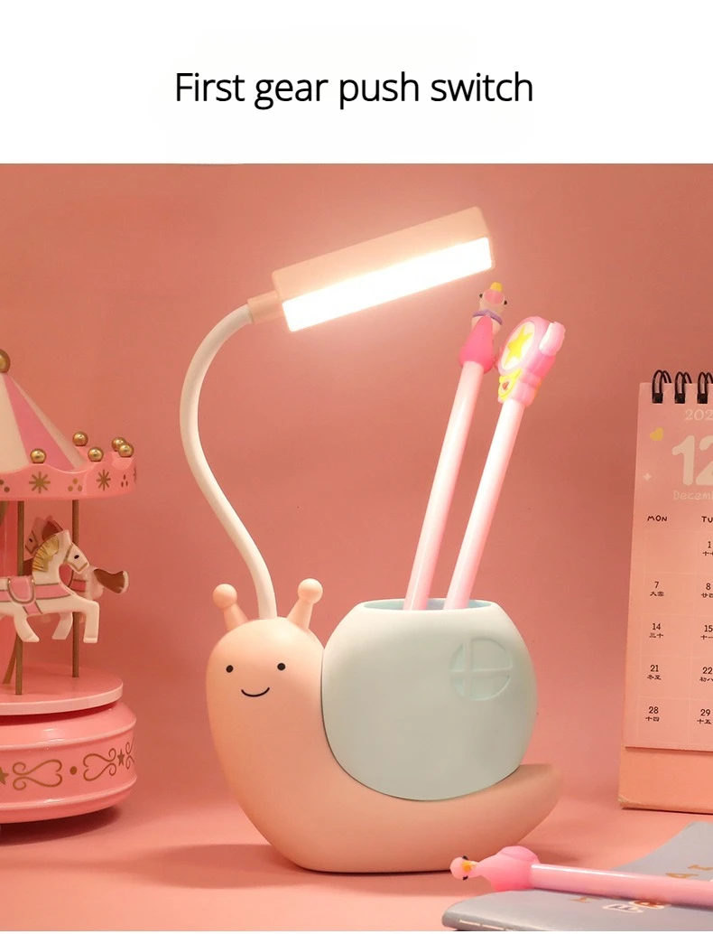 Multi-Functional LED Desk Lamp Student Learning with Pen Holder Night Light Snail Shape USB Rechargeable Bendable Cute Kids Lamp