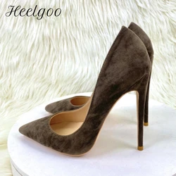 Heelgoo Coffee Brown Women Flock Syntheic Suede Pointy Toe Slip On High Heel Shoes Elegant Comfortable Dress Stiletto Pumps