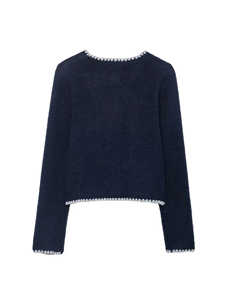 HH امرأة الشتاء موضة الجولة الرقبة الدانتيل والتطريز الديكور واحدة الصدر طويلة الأكمام محبوك سترة الإناث سليم صالح معطف #4