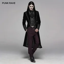 PUNK RAVE Men's Gothic Velvet Shuttle Weaving Jacquard Medium Length Jacket Halloween Club Party Cosplay Mens Long Coats