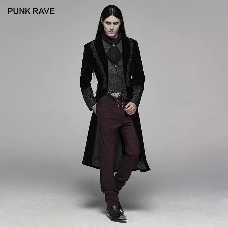 PUNK RAVE Men's Gothic Velvet Shuttle Weaving Jacquard Medium Length Jacket Halloween Club Party Cosplay Mens Long Coats