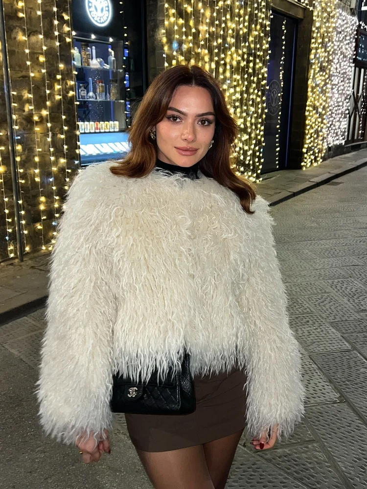 Mode Frauen Solide Weichen, Flauschigen Faux Pelz Kurzen Mantel Elegante O Hals Langarm Dicke Jacke Herbst Winter Dame Warme Straße outwear