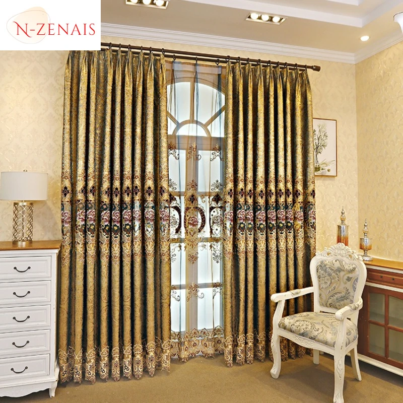 European Golden Vintage Hollow American Pastoral Water-soluble Embroidery Luxury Curtains for Living Dining Room Bedroom Elegant