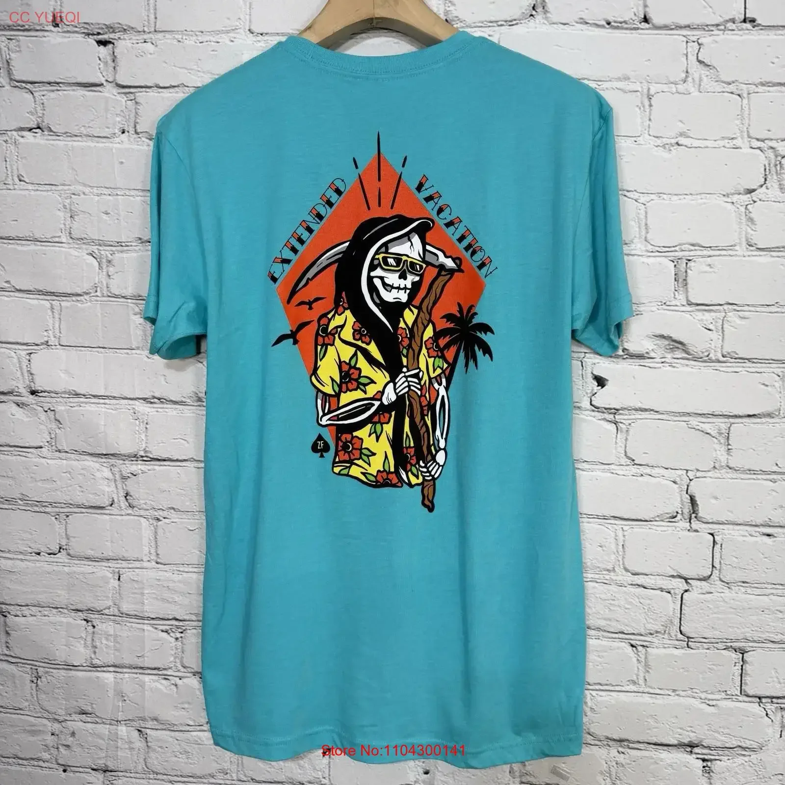 Zero Foxtrot Mens RARE Aqua T Shirt Size M Extended Vacation Grim Reaper vintage Washed Stretched Soft Breathable Stylish