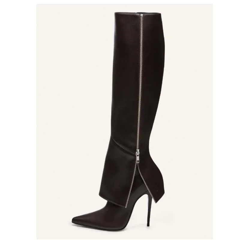 

Women Boots Pointed Toe Thin Super High Heels Knee-high Fashion Leather Solid Black Side Zipper Dress Party Shoes Autumn Winter